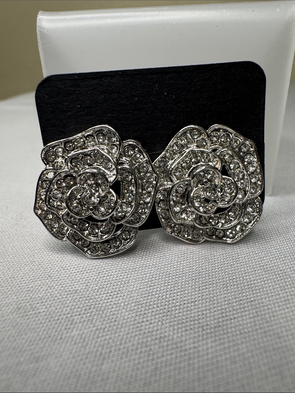 Crystal Rose Flower Stud Earrings - Silver Tone